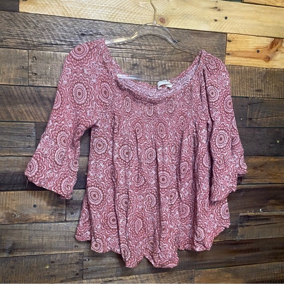 Altar’d State Pink White Floral Print 3/4 Sleeve Off The Shoulder Top - Picture 1 of 6